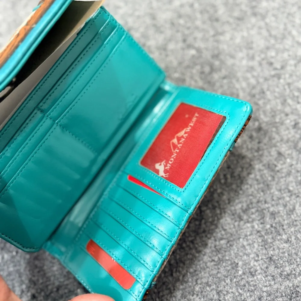 Montana West Hair-On Hide Tooled Wallet – Western Wristlet Brown- Turquoise